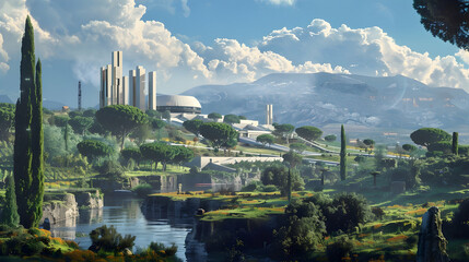 Fototapeta premium A tranquil countryside dotted with ancient ruins, juxtaposed against a futuristic research center, highlighting the blend of history and innovation