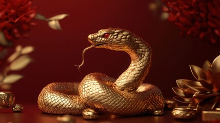 Obraz premium A beautifully crafted golden snake with striking red eyes coiled on a rich red background, surrounded by decorative flowers and elements.