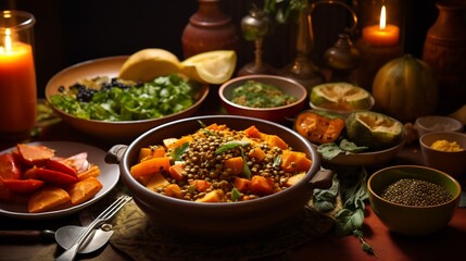 Beautifully Arranged Vegetarian Feast on Rustic Tabletop with Candles and Herbs