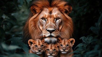Fototapeta premium Majestic Lion Staring Fiercely with Three Playful Lion Cubs Surrounded by Lush Greenery in a Natural Habitat During the Daylight Hours