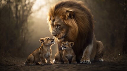 Obraz premium Majestic Lion and Playful Lion Cubs in Nature, Captivating Moment of Family Bonding Among Wild Animals, Showcasing the Beauty of Wildlife and Natural Habitat
