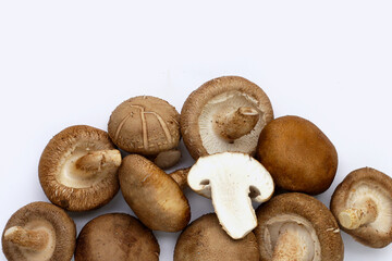 Fresh shiitake mushrooms on white background.