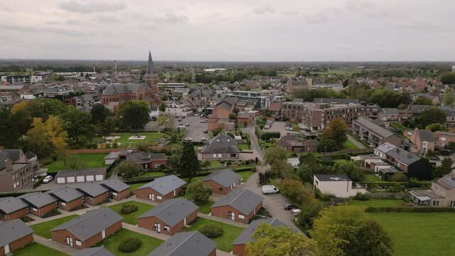 Small homes and downtown of Putte town in Belgium, aerial view
