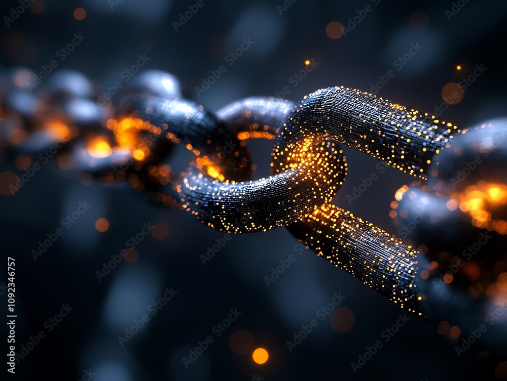 Poster glowing particles forming a strong metal chain link, representing connection and strength.