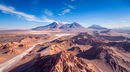 Naklejka premium Bird's-eye view of Atacama's desert, a surreal realm of salt flats and otherworldly terrain under the sky