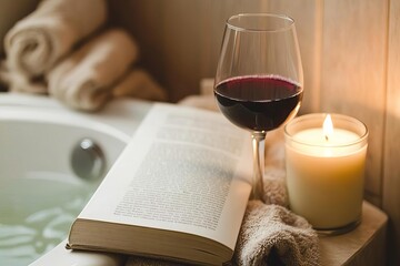 Bathtub with a glass of wine, candle, and a book, cozy and inviting home spa setup
