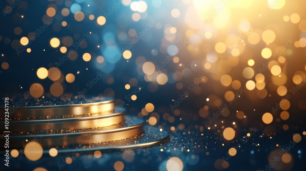 Poster golden tiered platform with bokeh lights background