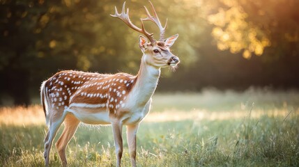 Majestic Stag in Sunlit Meadow Surrounded by Nature with Lush Green Grass and Glowing Warm Light Creating a Serene Wildlife Scene