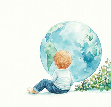 Baby with Blue-Emerald Planet, Watercolor Art