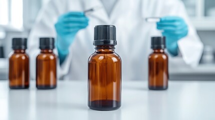 A scientist in a lab handling amber glass bottles filled with liquid substances, showcasing research and experimentation.