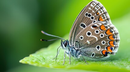 Obraz premium Close-Up of a Beautiful Butterfly with Intricate Patterns and Vibrant Colors Resting on a Leaf, Showcasing Nature's Artistry and Delicate Details in a Green Environment