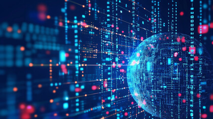 Fototapeta premium digital globe surrounded by vibrant data streams and binary code, representing technology and connectivity. pulsating colors create dynamic and futuristic atmosphere
