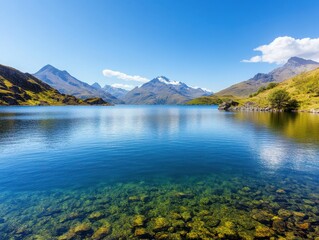 Obraz premium A serene lake surrounded by majestic mountains under a clear blue sky, reflecting the beauty of nature in vibrant colors.
