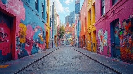 Naklejka premium A vibrant alleyway adorned with colorful street art and graffiti, showcasing urban creativity.