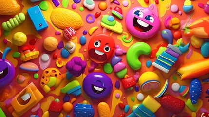 Obraz premium Vibrant and Playful Candy Colored Pattern with Cheerful Cartoon Elements