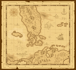 Old vintage grunge paper fantasy map pirate treasure map worn parchment with ships with compass wind rose