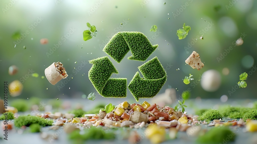 Aufkleber a bold 3d recycle icon crafted from lush greenery and moss hovering above food scraps showcasing sus