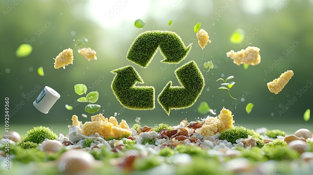 Aufkleber a bold 3d recycle icon crafted from lush greenery and moss hovering above food scraps and showcasing