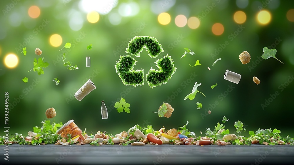 Aufkleber lush 3d recycling icon made of natural greenery suspended above food scraps with vibrant dreamy boke