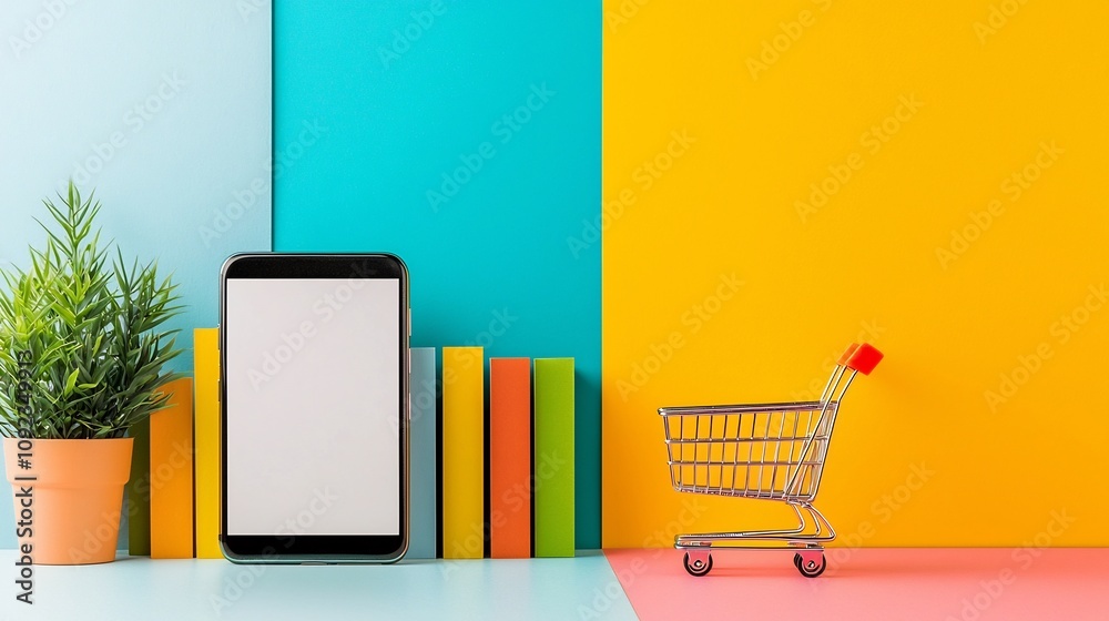 Fototapete minimalistic scene featuring a smartphone with a blank display and a shopping cart on a vibrant colo
