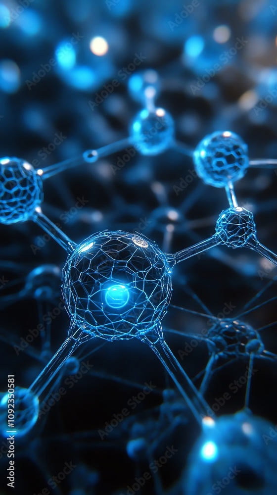 Poster microscopic view of interconnected molecules, glowing blue nodes and bonds.