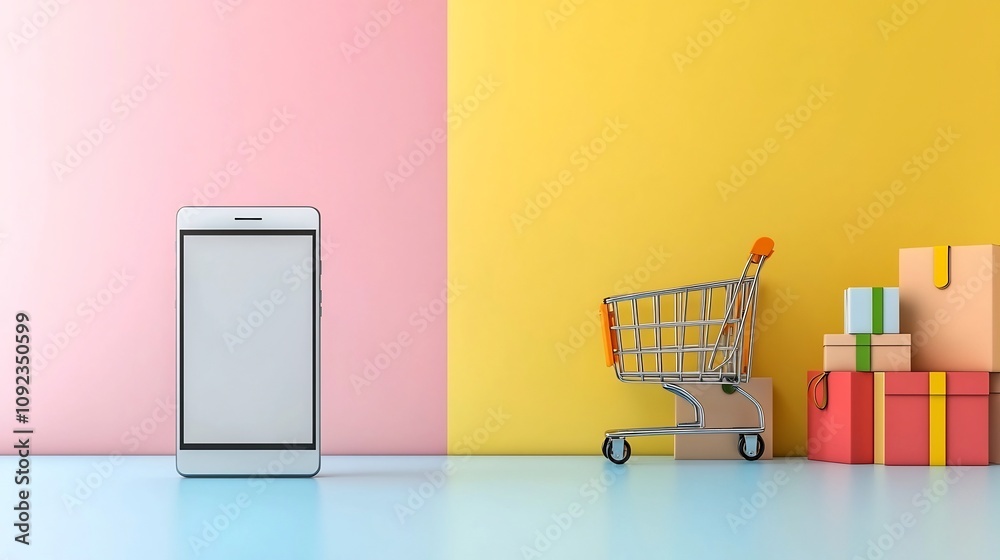 Poster A vibrant and modern scene featuring a smartphone with a blank screen and a shopping cart on a smooth gradient color stage symbolizing the growing trends in digital and online shopping