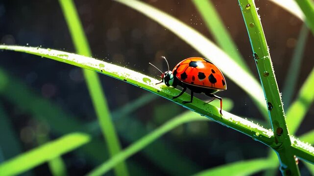 Video footage of vibrant ladybug with black spots crawls on a dewy green blade of grass, illuminated by soft sunlight