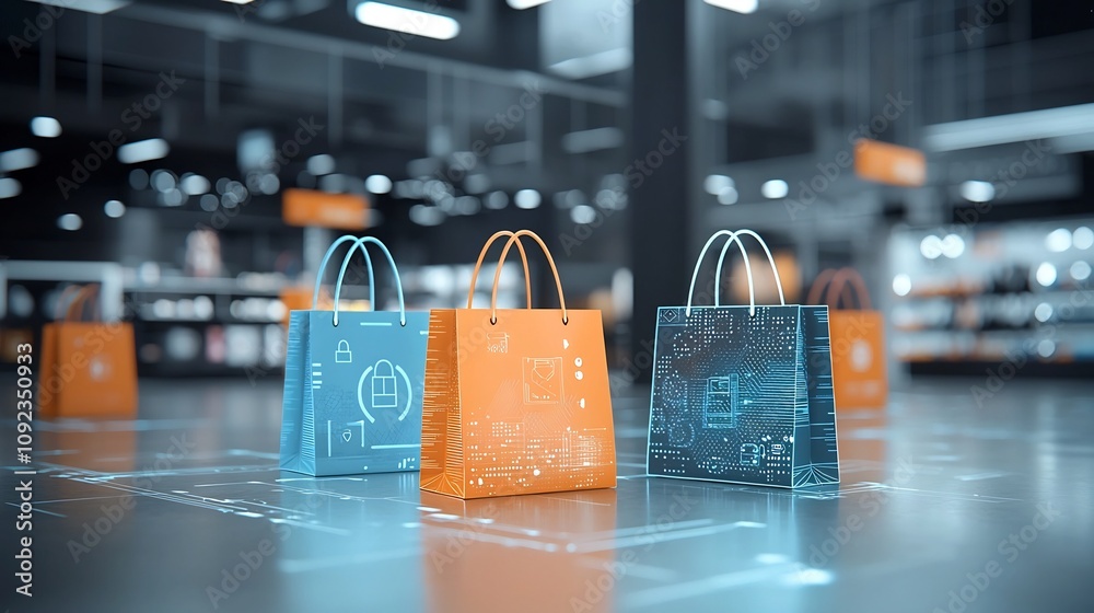 Aufkleber sleek and vibrant digital shopping bags with bold glowing patterns and designs in a contemporary tec