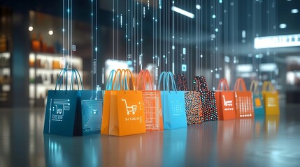 Sleek and brightly colored shopping bags with vibrant digital patterns glowing in a modern tech inspired environment that emphasizes the concept of digital retail and online commerce