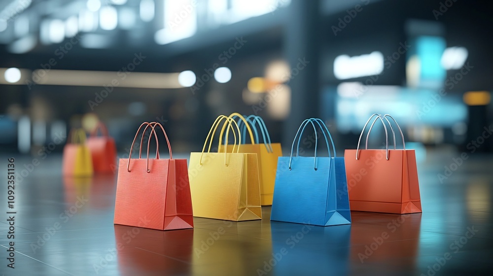 Poster captivating composition of vivid digital shopping bags with futuristic accents and bright glowing el