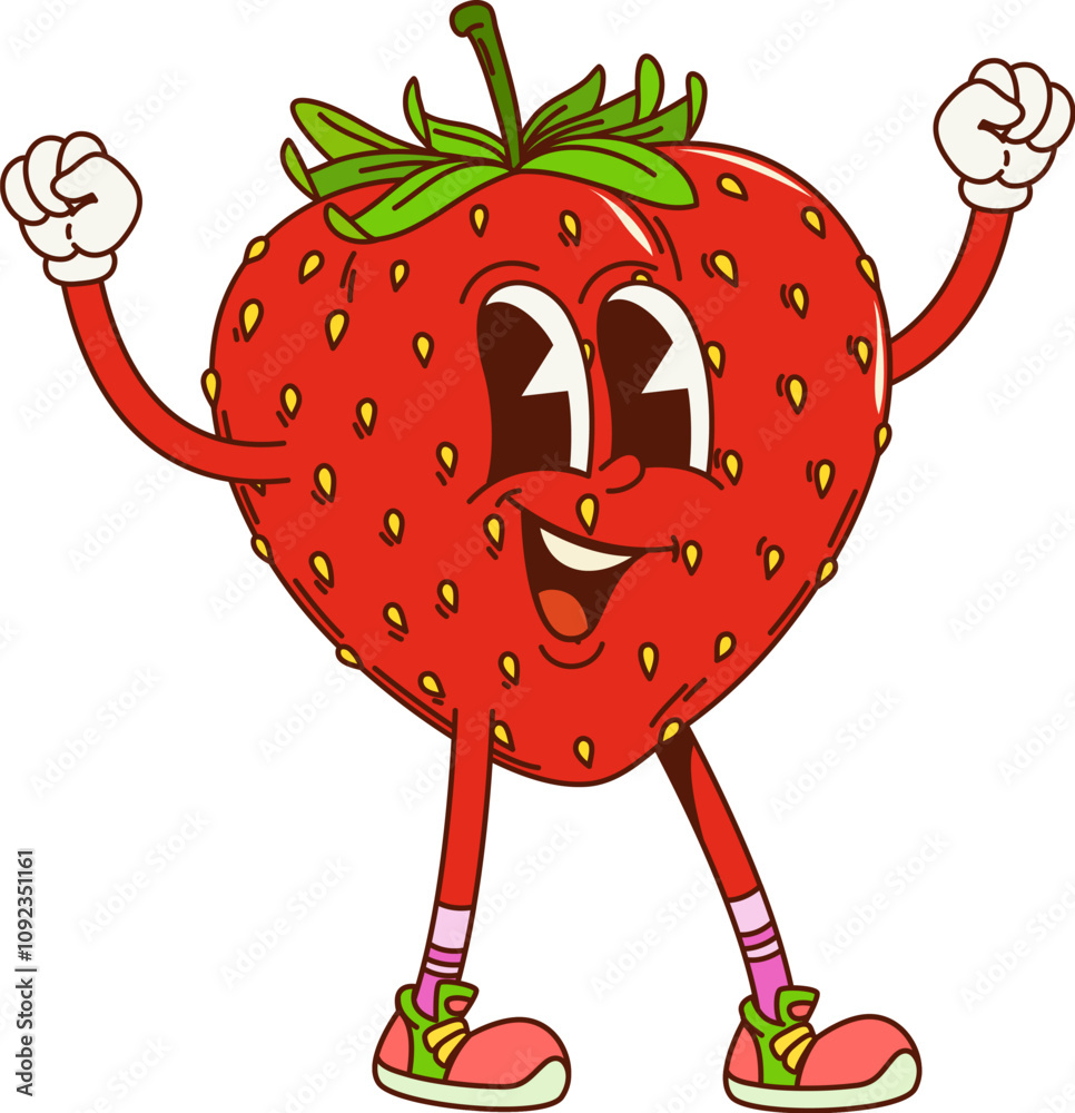 Poster Cartoon groovy strawberry fruit character with raised hands radiating joy with expressive eyes and a smile. Isolated vector lively ripe and juicy berry retro y2k personage wears trendy hippie sneakers