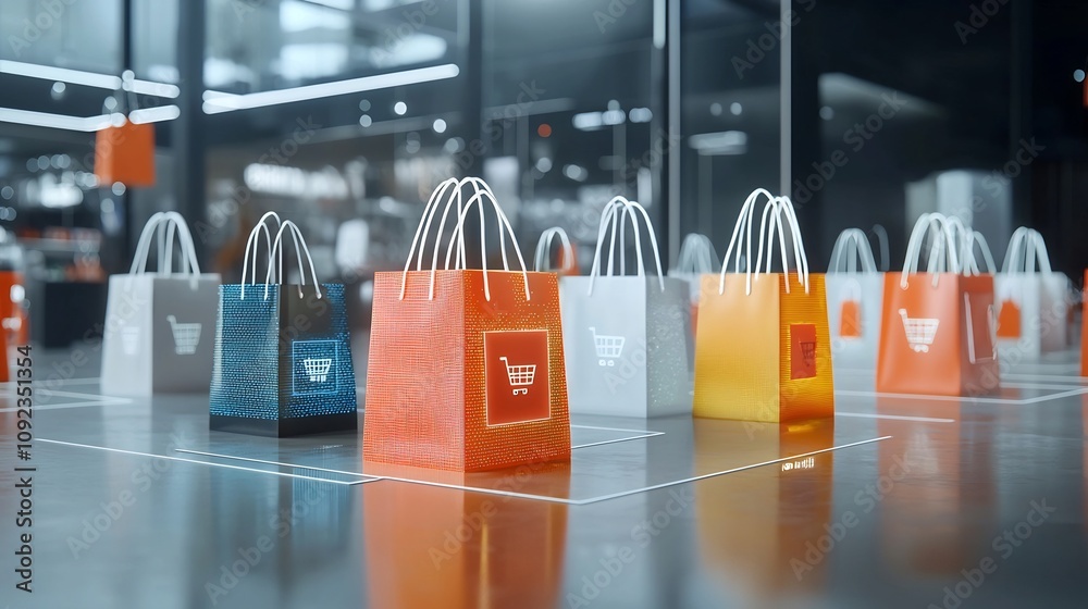Poster vibrant and glowing of modern shopping bags with colorful patterns showcasing the digital shopping e