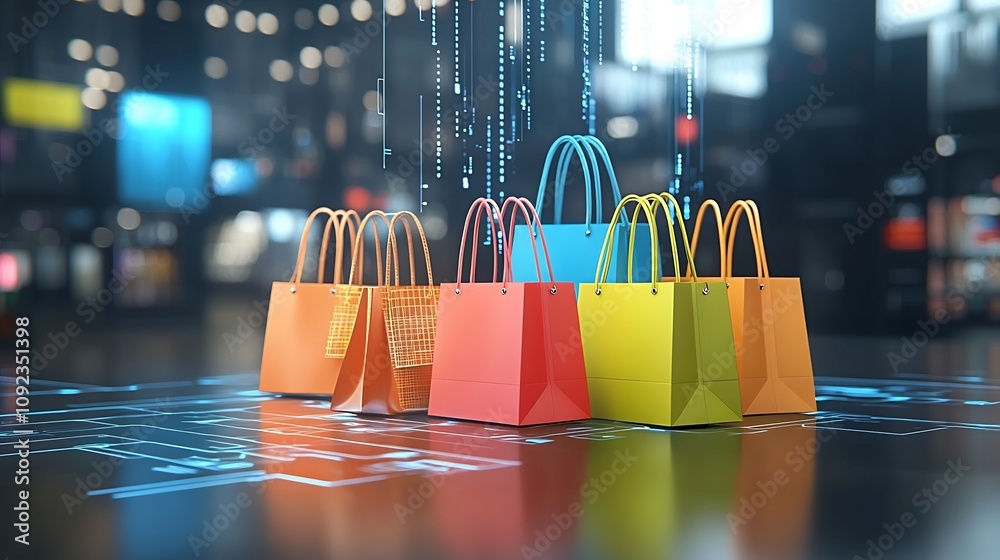 Aufkleber high energy of glowing neon shopping bags set in a tech inspired digital retail environment represen