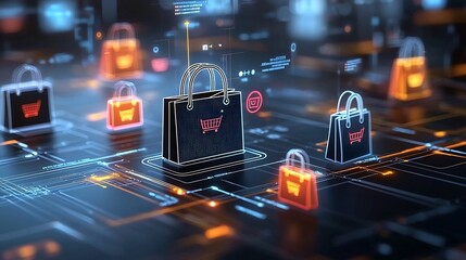Vibrant and dynamic digital representation of shopping bags in bright tones with neon effects surrounded by abstract tech inspired visuals and glowing accents