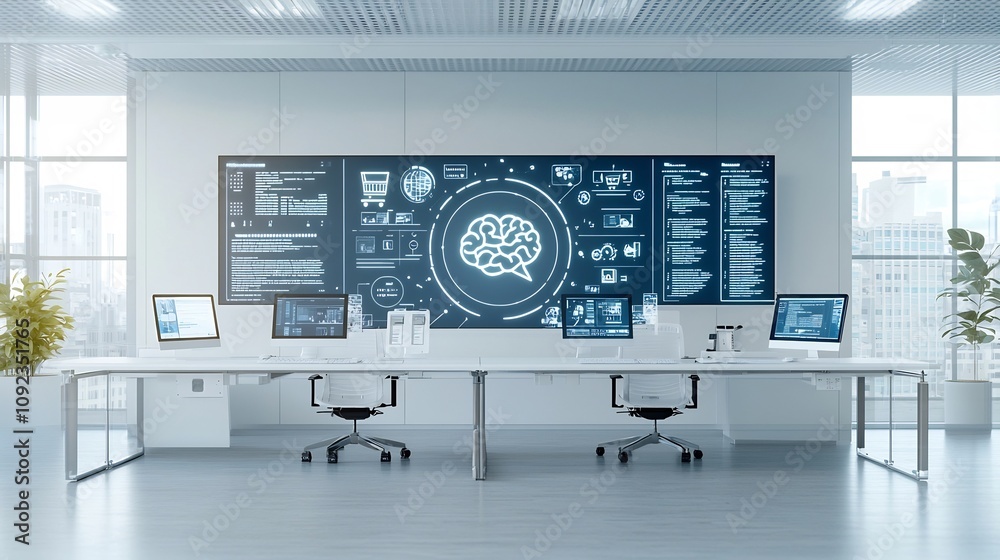 Poster AI driven systems in a modern futuristic workspace projecting real time customer behavior analytics and inventory data to enhance e commerce experiences and drive business innovation