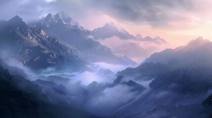 Ethereal mist cloaks a majestic mountain range, creating a serene and mystical landscape