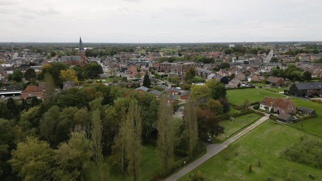 Cozy homes and downtown of Putte township in Belgium, aerial view