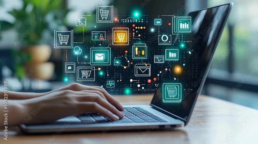 Poster Hands Typing on Laptop Surrounded by Futuristic Floating Icons Representing Online Shopping Platforms Social Media Networks and Digital Marketing Tools in a Dynamic and Energetic Background