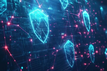 Here's a  and keyword list suitable for stock photo submission..  Cybersecurity network protection digital shields connect.