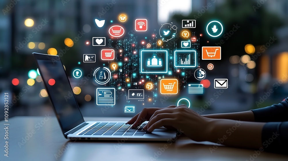 Poster vibrant professional environment with floating digital marketing icons a dynamic workspace scene fea