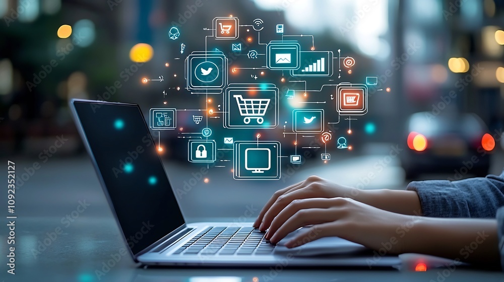 Aufkleber A professional office or work environment with hands interacting with a laptop computer surrounded by floating icons representing online shopping social media platforms