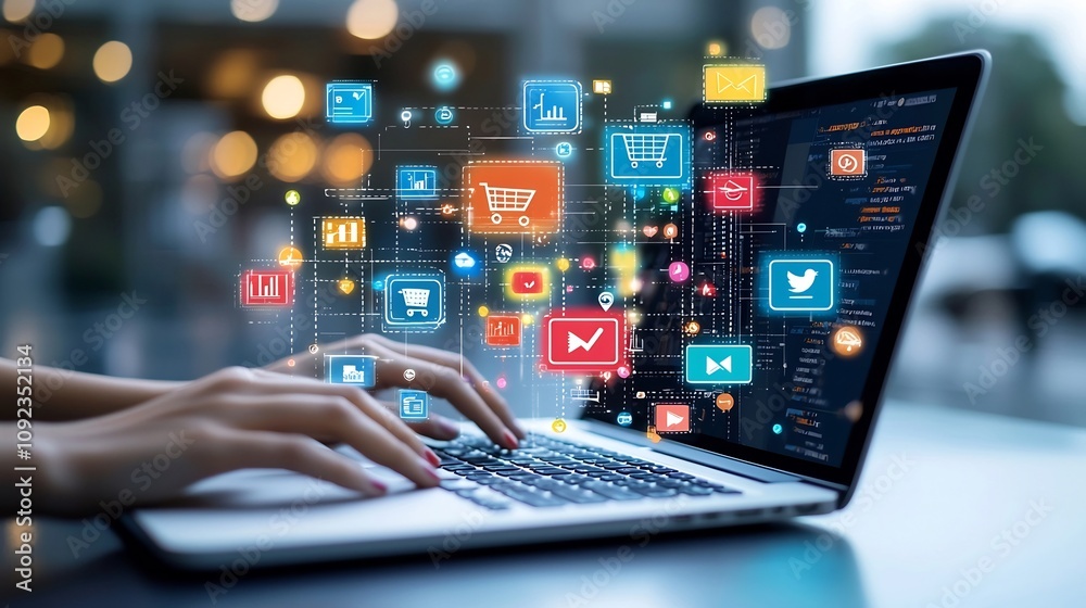 Poster Hands Actively Typing on a Laptop with Vibrant Digital Icons Representing E commerce Social Media Channels and Analytics Tools Suspended in a Glowing and Energetic Tech Inspired Scene