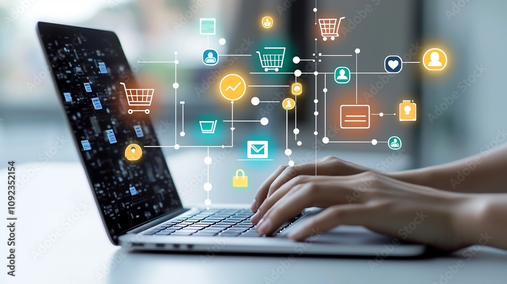 Poster Hands actively typing on a laptop against a vibrant and energetic scene with digital icons representing e commerce social media channels and analytics tools suspended in the background