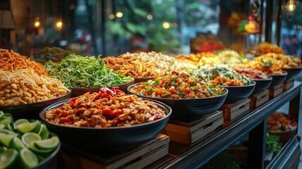 Obraz premium A vibrant display of colorful salads and snacks in bowls, showcasing a variety of fresh ingredients.