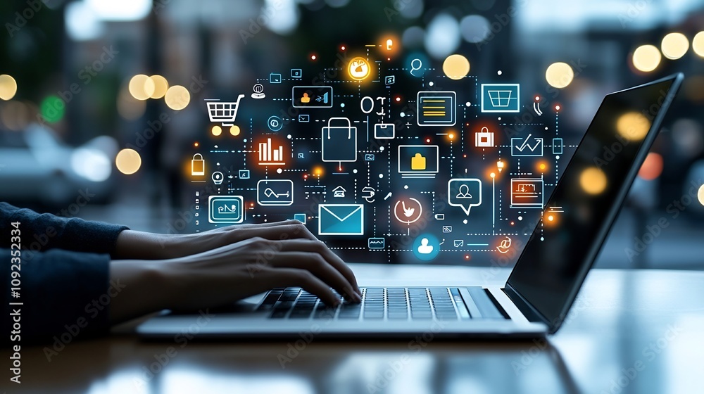 Poster Hands typing on a laptop computer surrounded by bright and glowing icons for online shopping social media networks and digital marketing tools in a vivid and modern office or workspace background