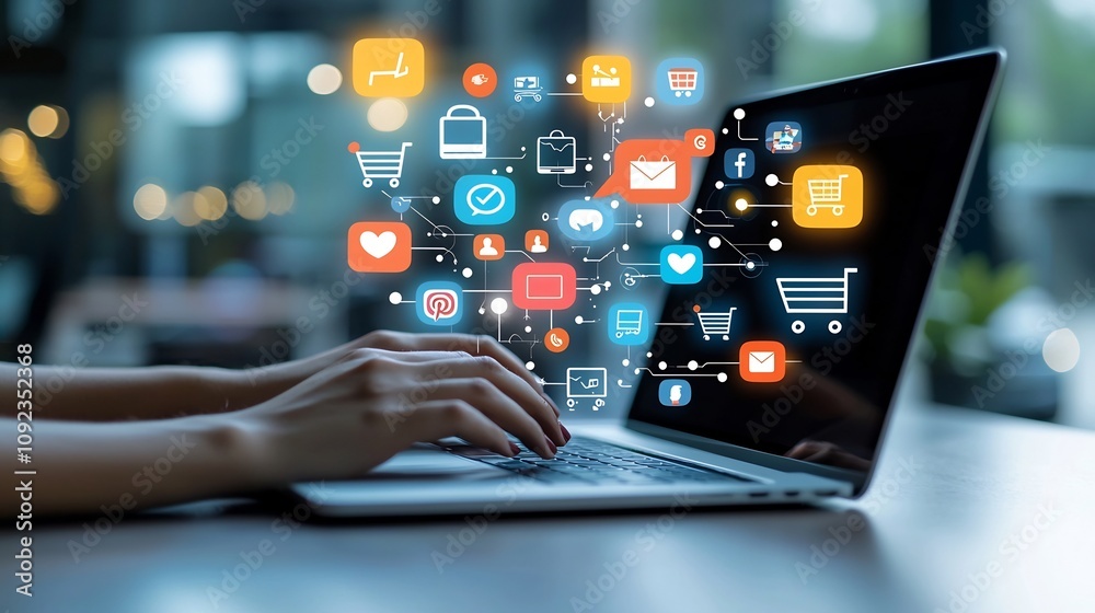 Poster hands typing enthusiastically on a laptop surrounded by bright and glowing icons for online shopping