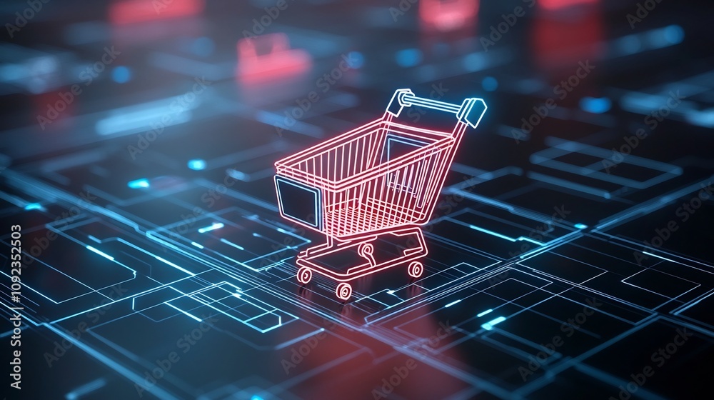 Poster glowing shopping cart placed on a high tech surface with holographic grids and vibrant neon lights i
