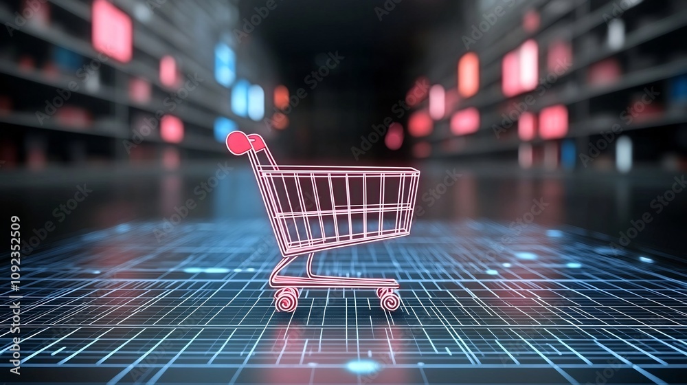Aufkleber A visually striking image depicting a glowing futuristic shopping cart placed on a high tech digital surface featuring vibrant holographic grids and neon lights in shades of red blue and pink