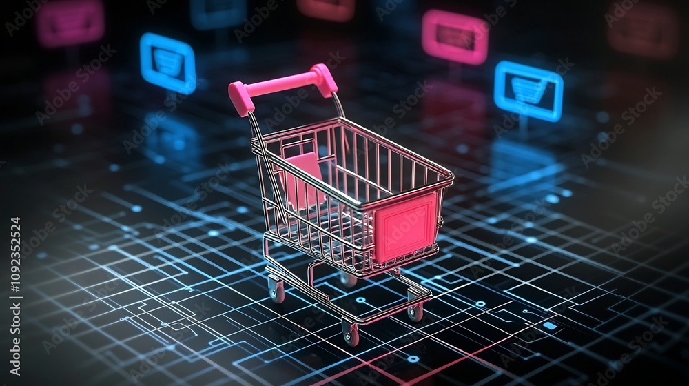 Aufkleber Glowing shopping cart placed on a high tech surface with holographic grids and vibrant neon lights in shades of red blue and pink representing the innovative future of online shopping and e commerce