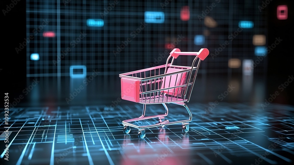 Poster glowing shopping cart placed on a high tech surface with holographic grids and vibrant neon lights i